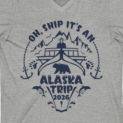 Oh Ship It’s an Alaska Trip 2026 Cruise and Wildlife Shirt — V-Neck V-Neck Shirt – Athletic Heather – Alaska Cruise Shirts Close Up