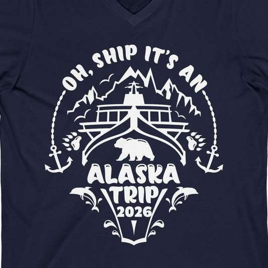 Oh Ship It’s an Alaska Trip 2026 Cruise and Wildlife Shirt — V-Neck V-Neck Shirt – Navy – Alaska Cruise Shirts Close Up