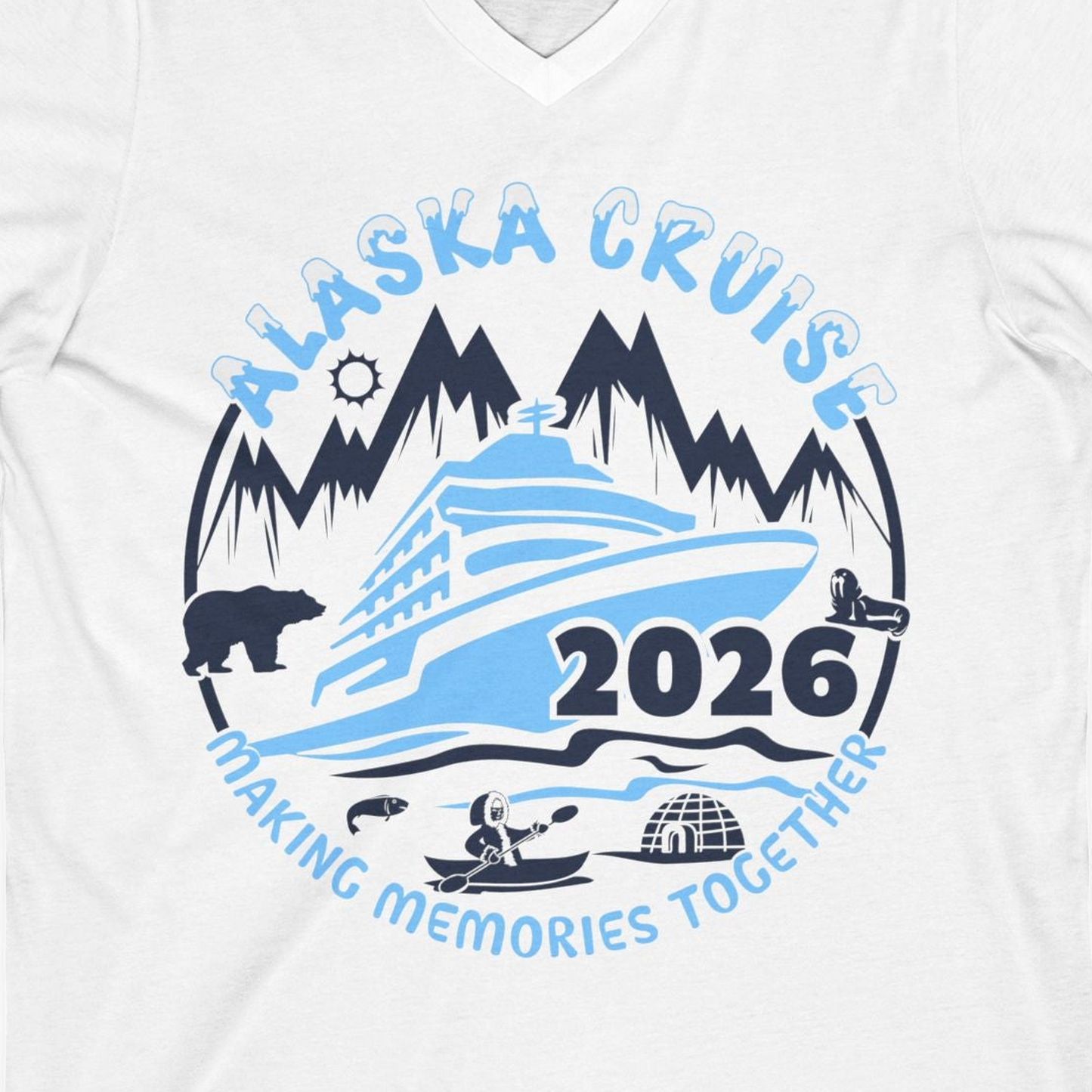 Alaska Cruise 2026 Shirt V-Neck Shirt – White – Alaska Cruise Shirts Close Up