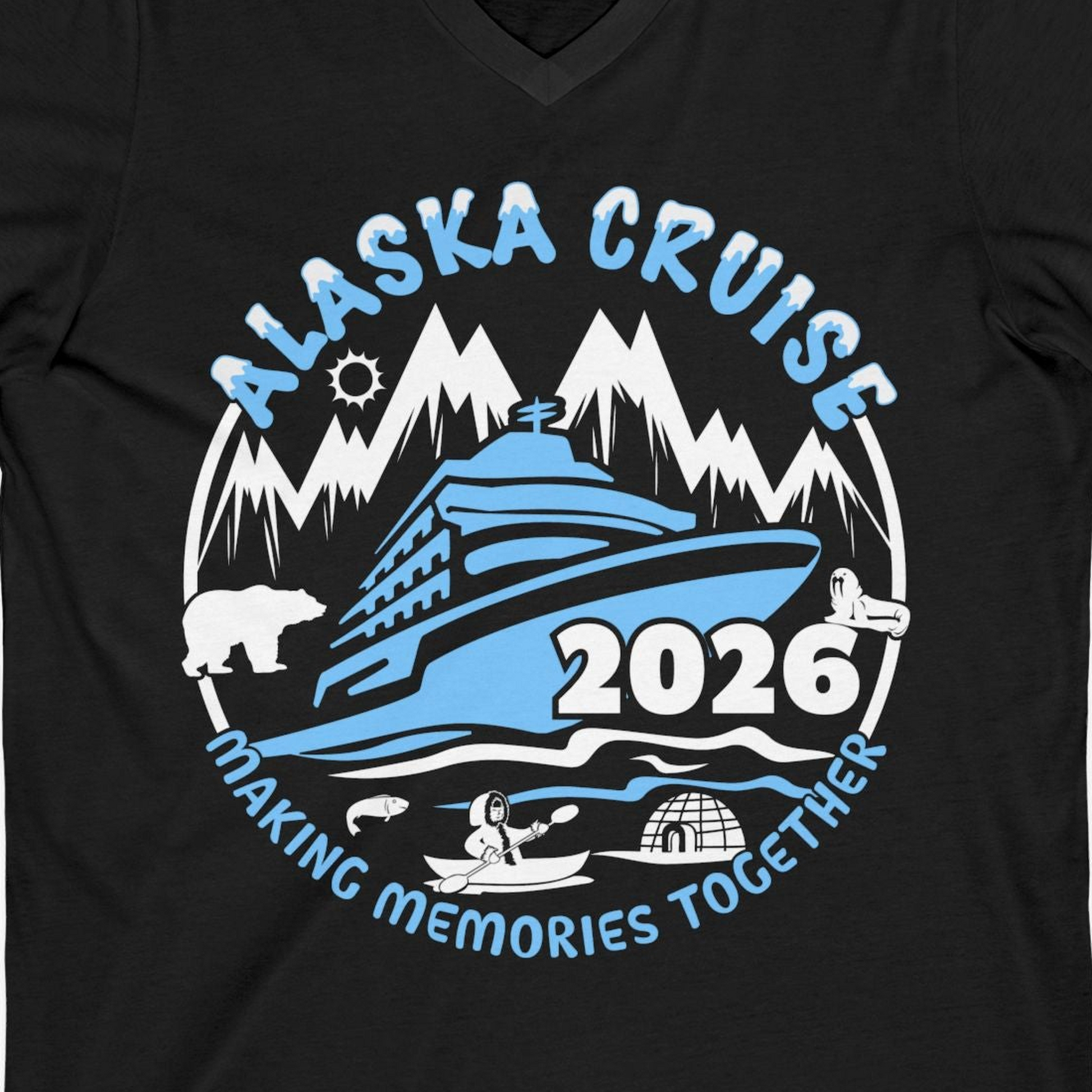 Alaska Cruise 2026 Shirt V-Neck Shirt – Black – Alaska Cruise Shirts Close Up