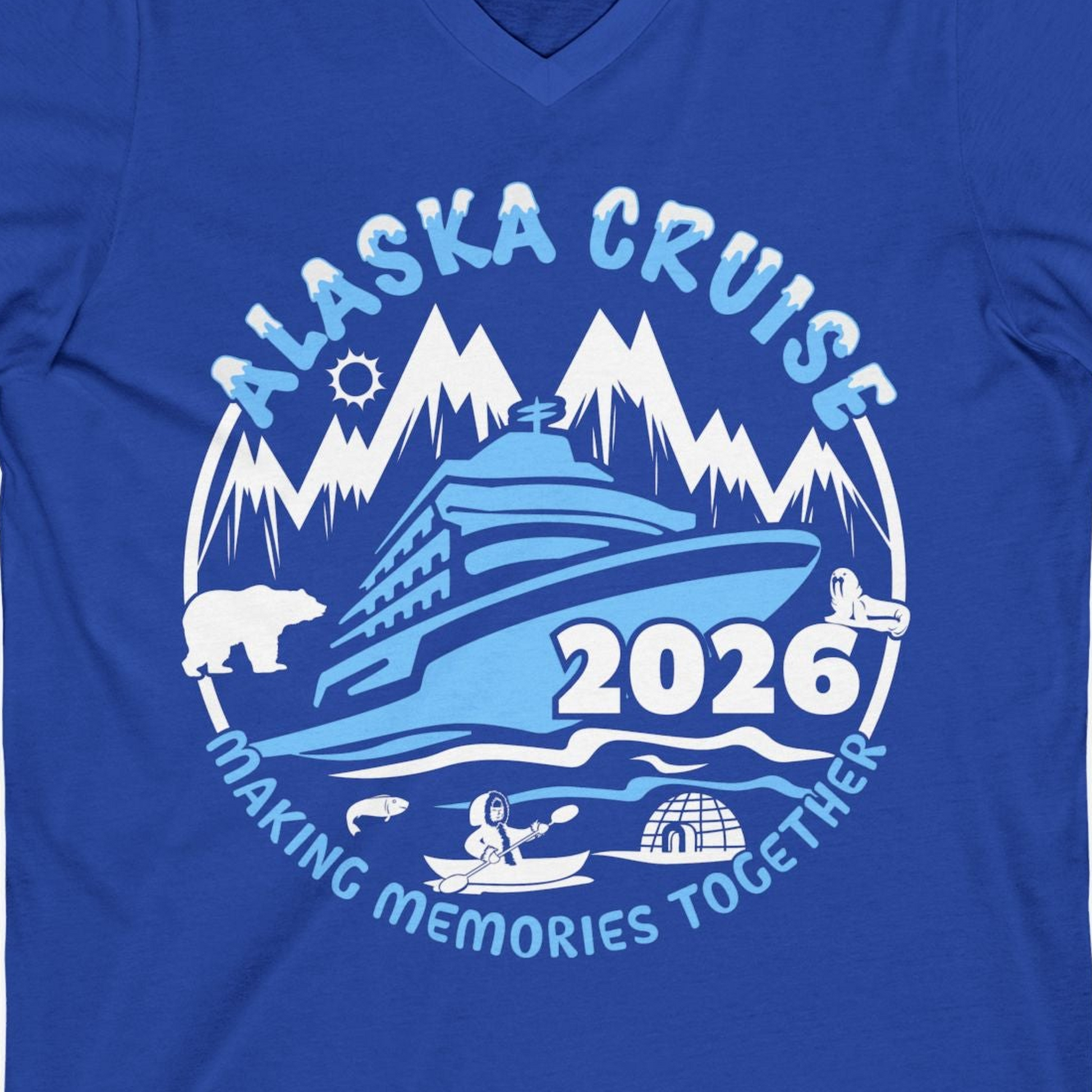 Alaska Cruise 2026 Shirt V-Neck Shirt – True Royal – Alaska Cruise Shirts Close Up