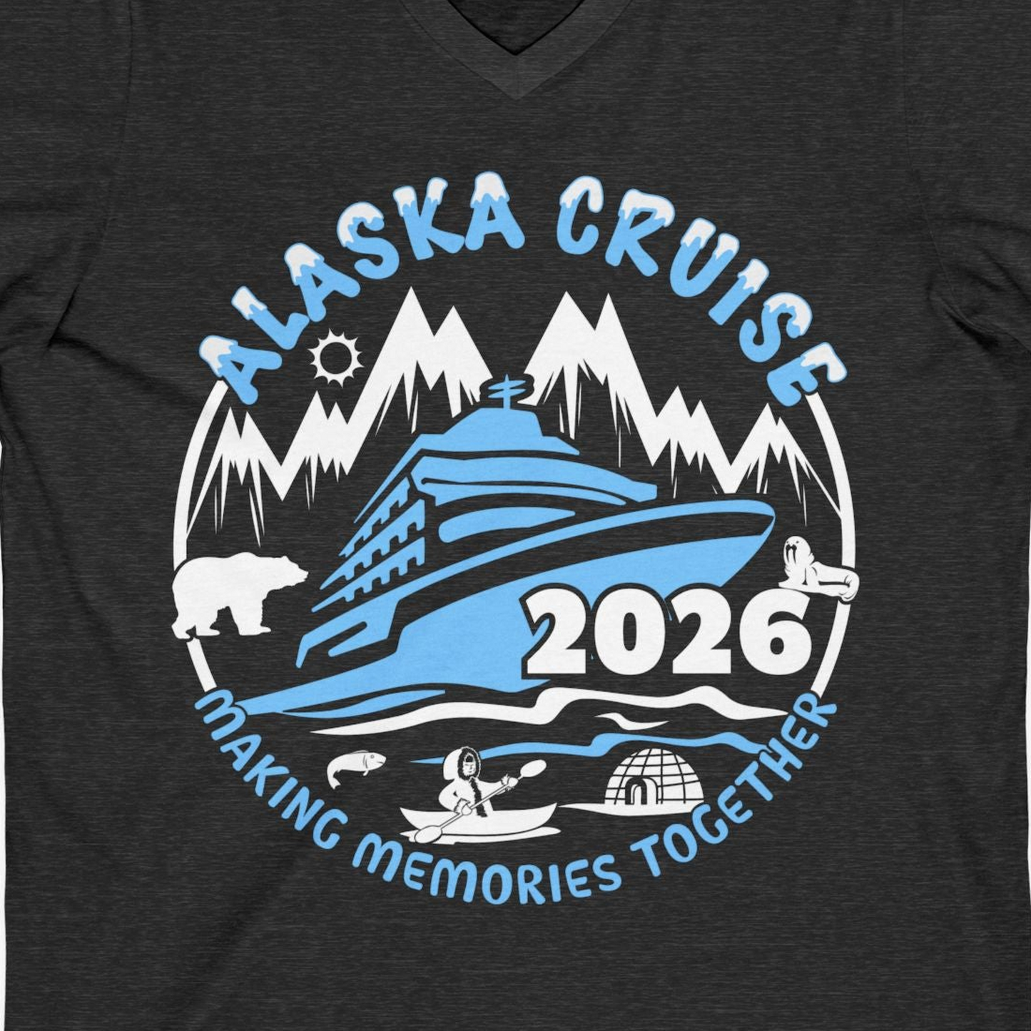 Alaska Cruise 2026 Shirt V-Neck Shirt – Dark Grey Heather – Alaska Cruise Shirts Close Up