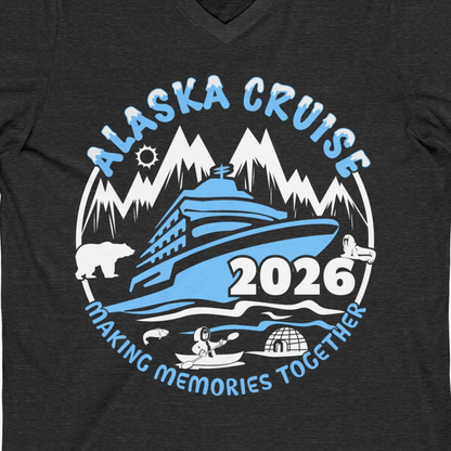 Alaska Cruise 2026 Shirt V-Neck Shirt – Dark Grey Heather – Alaska Cruise Shirts Close Up