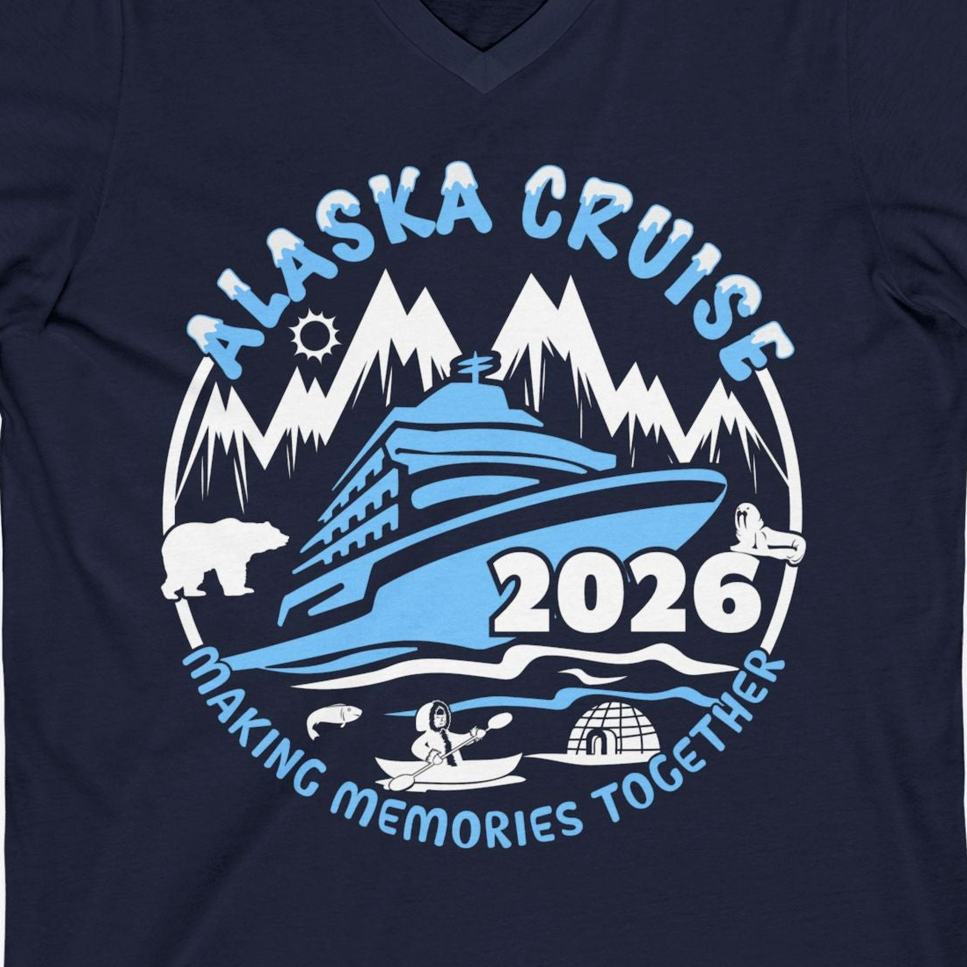 Alaska Cruise 2026 Shirt V-Neck Shirt – Navy – Alaska Cruise Shirts Close Up