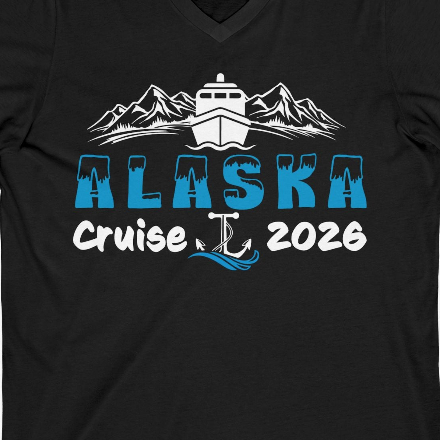 Alaska Cruise 2026 Shirt V-Neck Shirt – Black – Alaska Cruise Shirts Close Up