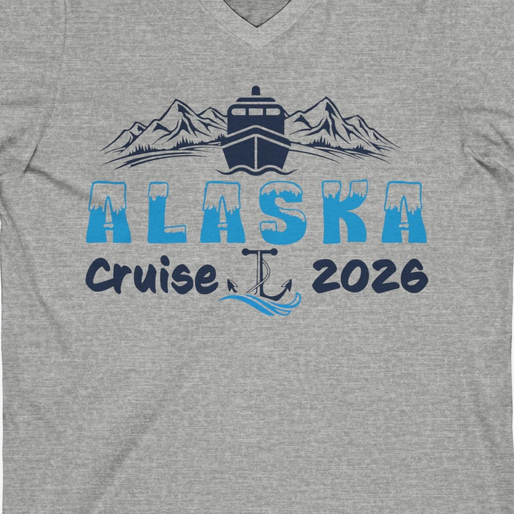 Alaska Cruise 2026 Shirt V-Neck Shirt – Athletic Heather – Alaska Cruise Shirts Close Up