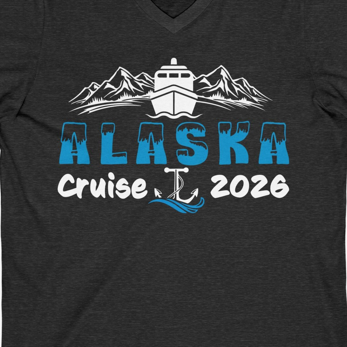 Alaska Cruise 2026 Shirt V-Neck Shirt – Dark Grey Heather – Alaska Cruise Shirts Close Up