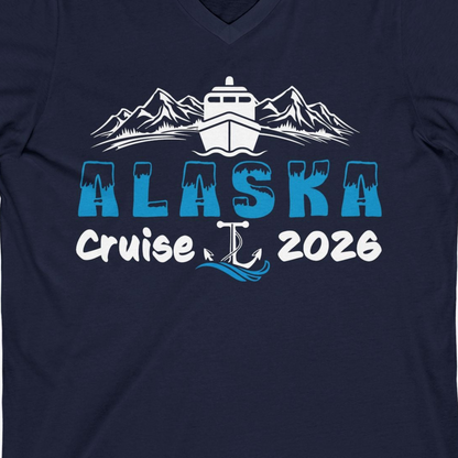 Alaska Cruise 2026 Shirt V-Neck Shirt – Navy – Alaska Cruise Shirts Close Up