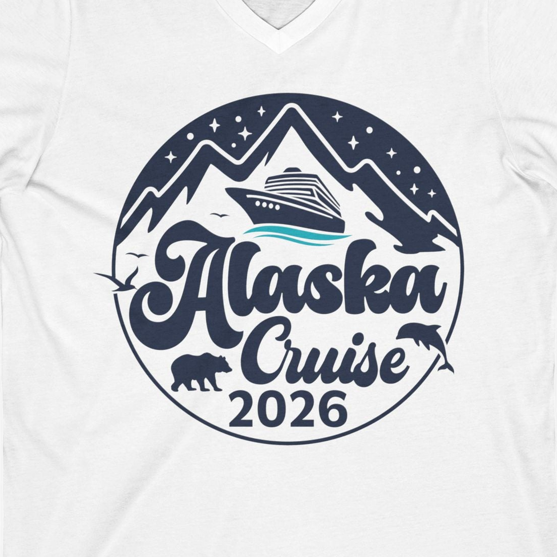 Alaska Cruise 2026 Shirt V-Neck Shirt – White – Alaska Cruise Shirts Close Up