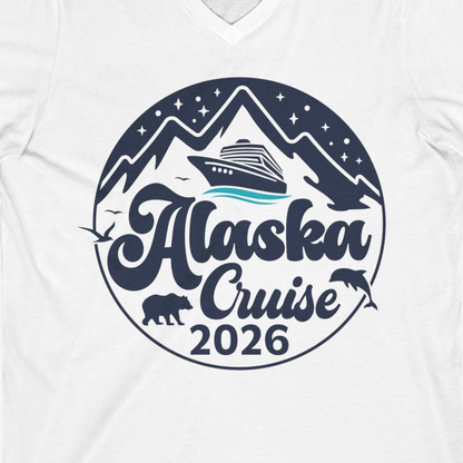 Alaska Cruise 2026 Shirt V-Neck Shirt – White – Alaska Cruise Shirts Close Up