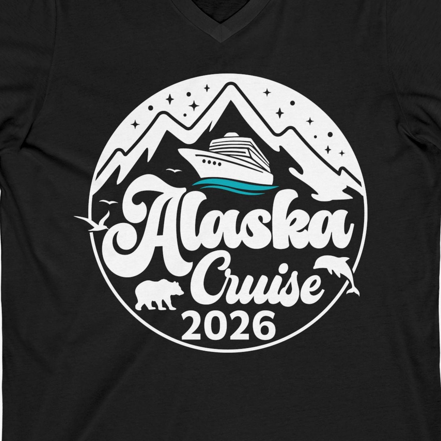 Alaska Cruise 2026 Shirt V-Neck Shirt – Black – Alaska Cruise Shirts Close Up