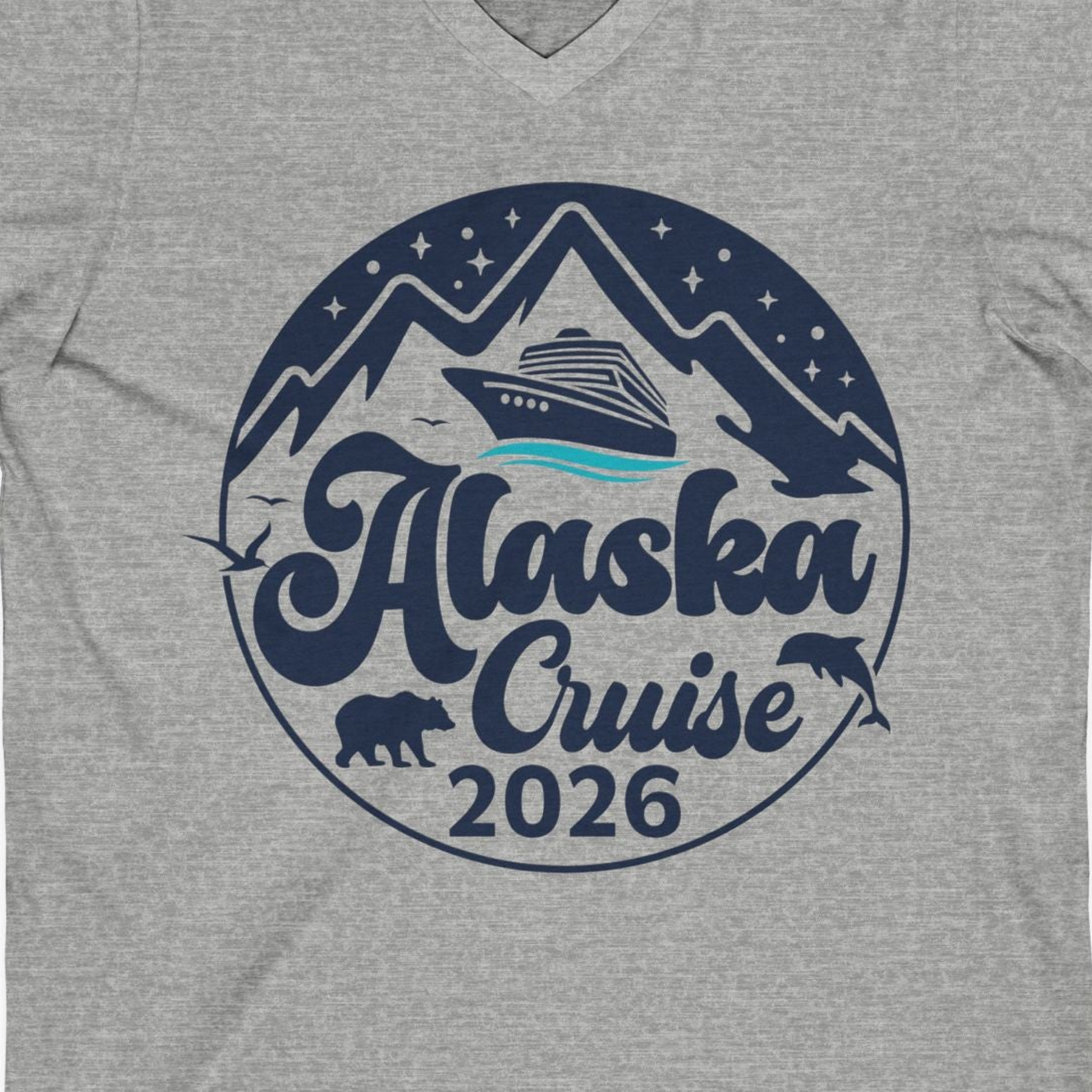 Alaska Cruise 2026 Shirt V-Neck Shirt – Athletic Heather – Alaska Cruise Shirts Close Up