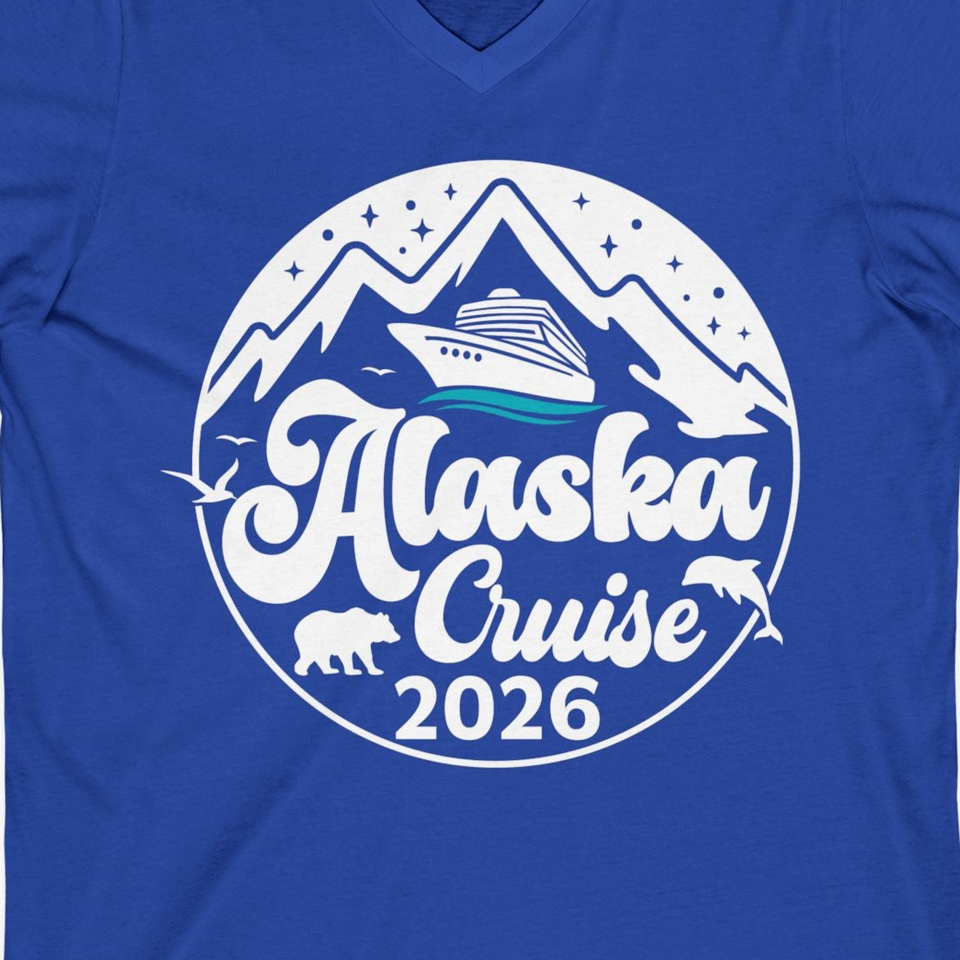 Alaska Cruise 2026 Shirt V-Neck Shirt – True Royal – Alaska Cruise Shirts Close Up
