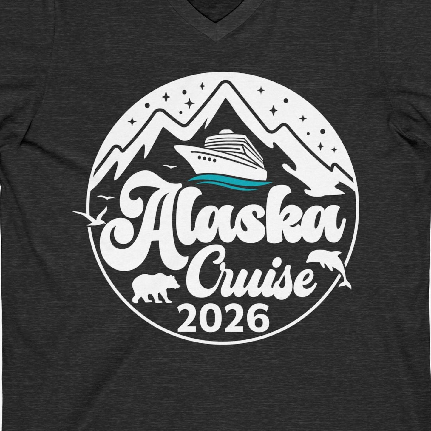 Alaska Cruise 2026 Shirt V-Neck Shirt – Dark Grey Heather – Alaska Cruise Shirts Close Up