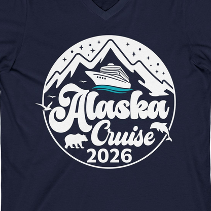 Alaska Cruise 2026 Shirt V-Neck Shirt – Navy – Alaska Cruise Shirts Close Up