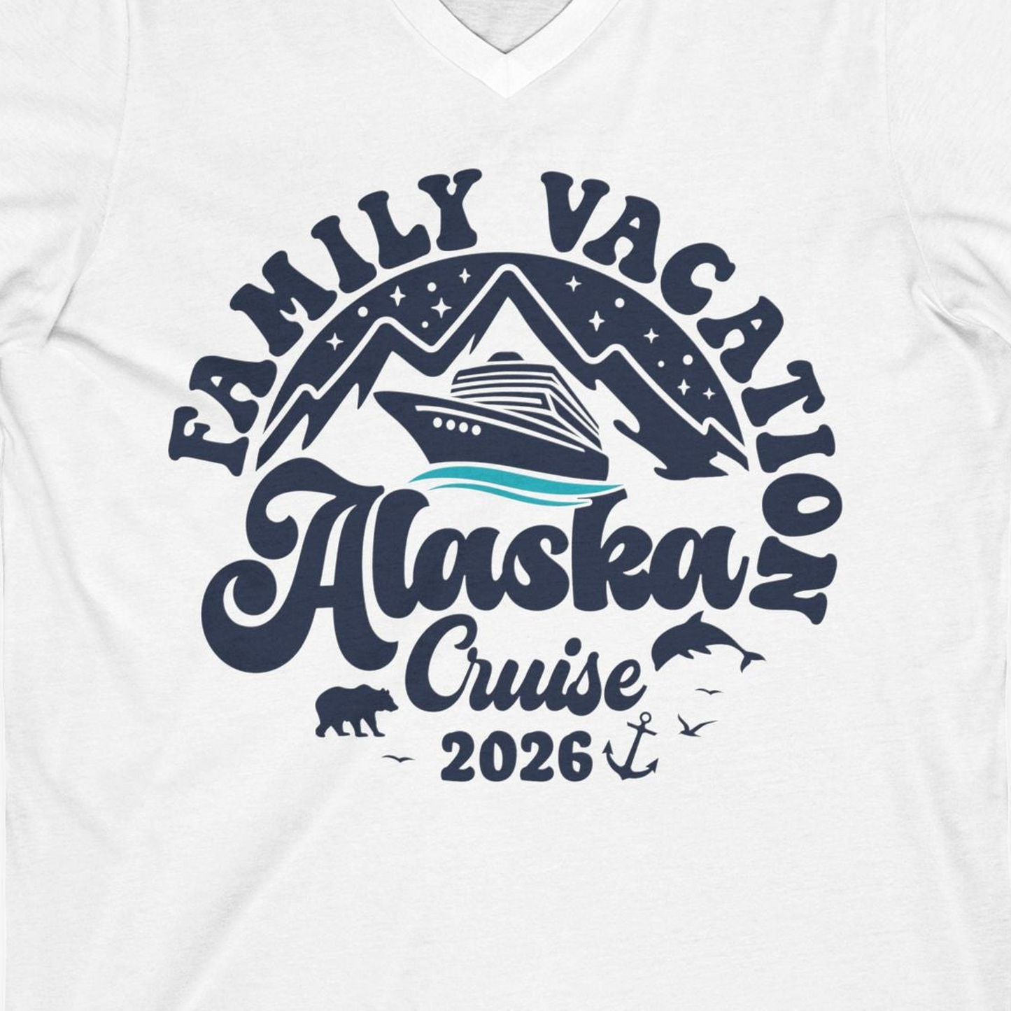 Alaska Family Cruise Shirt V-Neck Shirt – White – Alaska Cruise Shirts Close Up