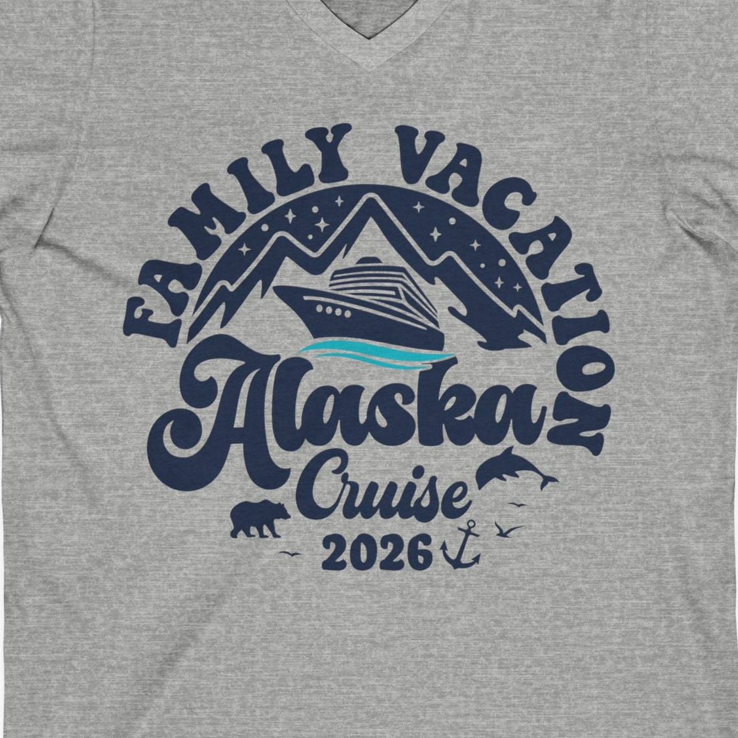Alaska Family Cruise Shirt V-Neck Shirt – Athletic Heather – Alaska Cruise Shirts Close Up