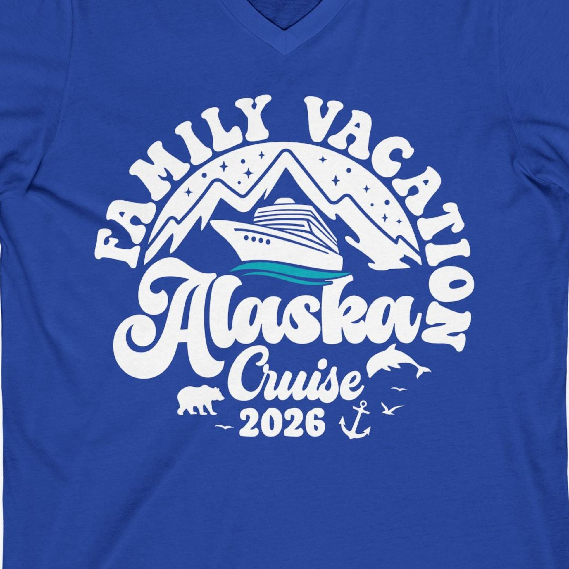 Alaska Family Cruise Shirt V-Neck Shirt – True Royal – Alaska Cruise Shirts Close Up