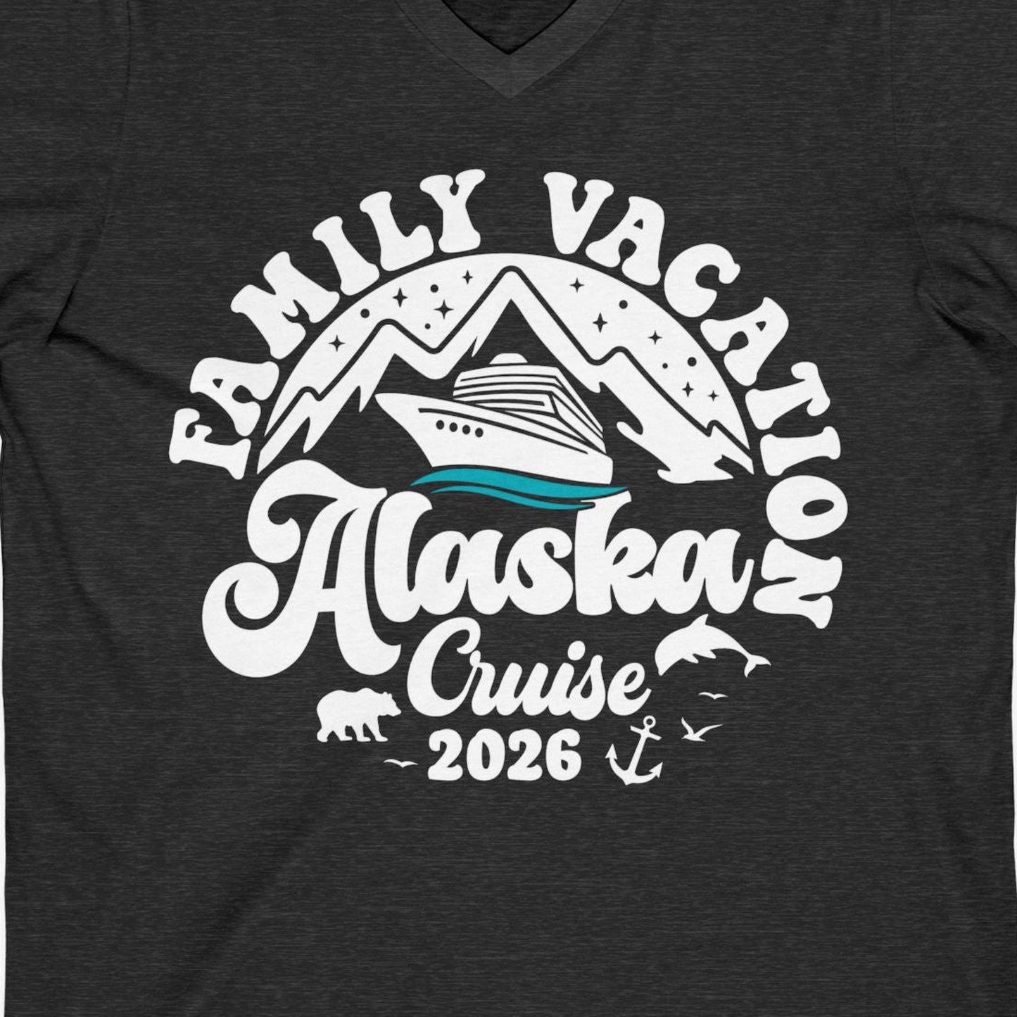 Alaska Family Cruise Shirt V-Neck Shirt – Dark Grey Heather – Alaska Cruise Shirts Close Up