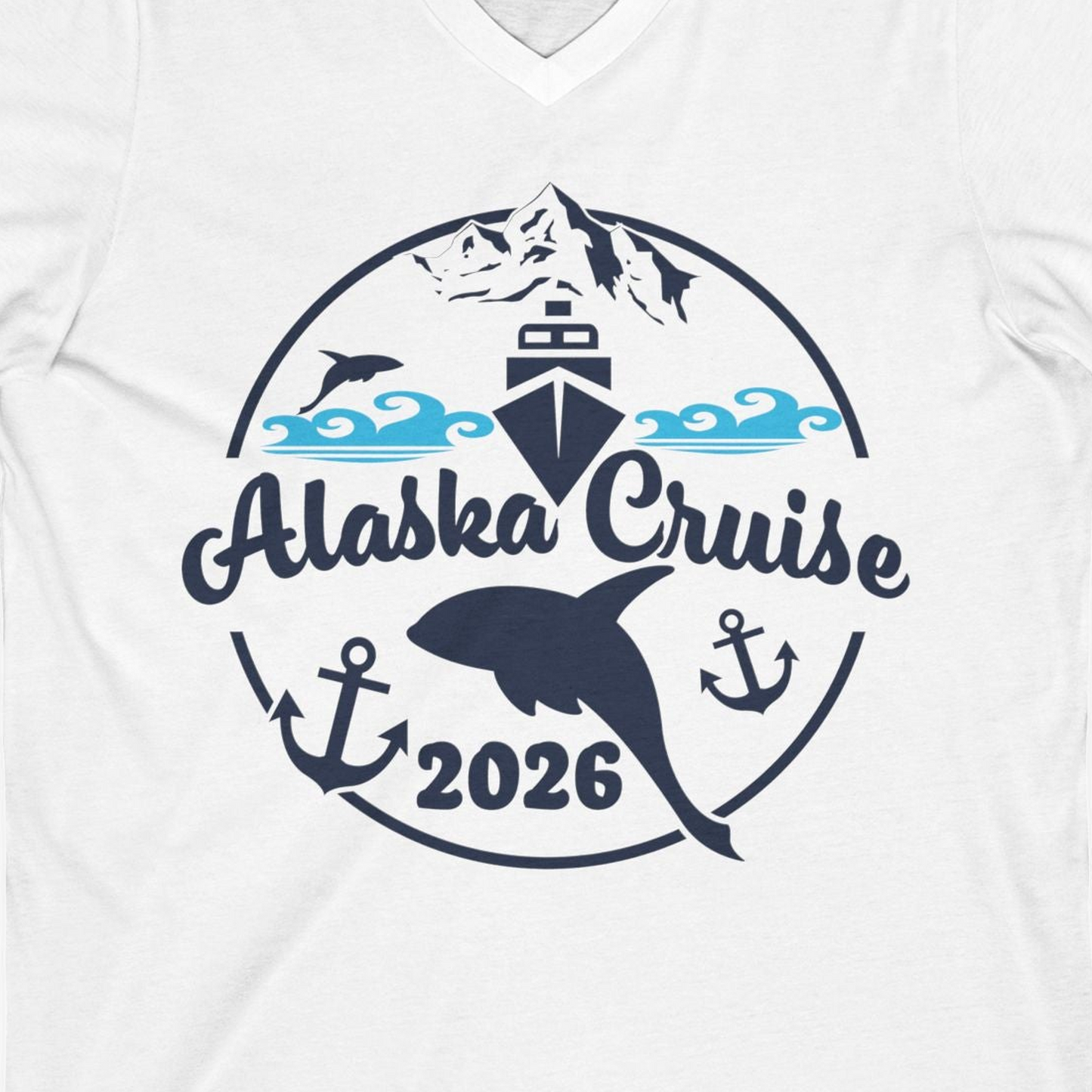 Alaska Cruise 2026 Shirt V-Neck Shirt – White – Alaska Cruise Shirts Close Up
