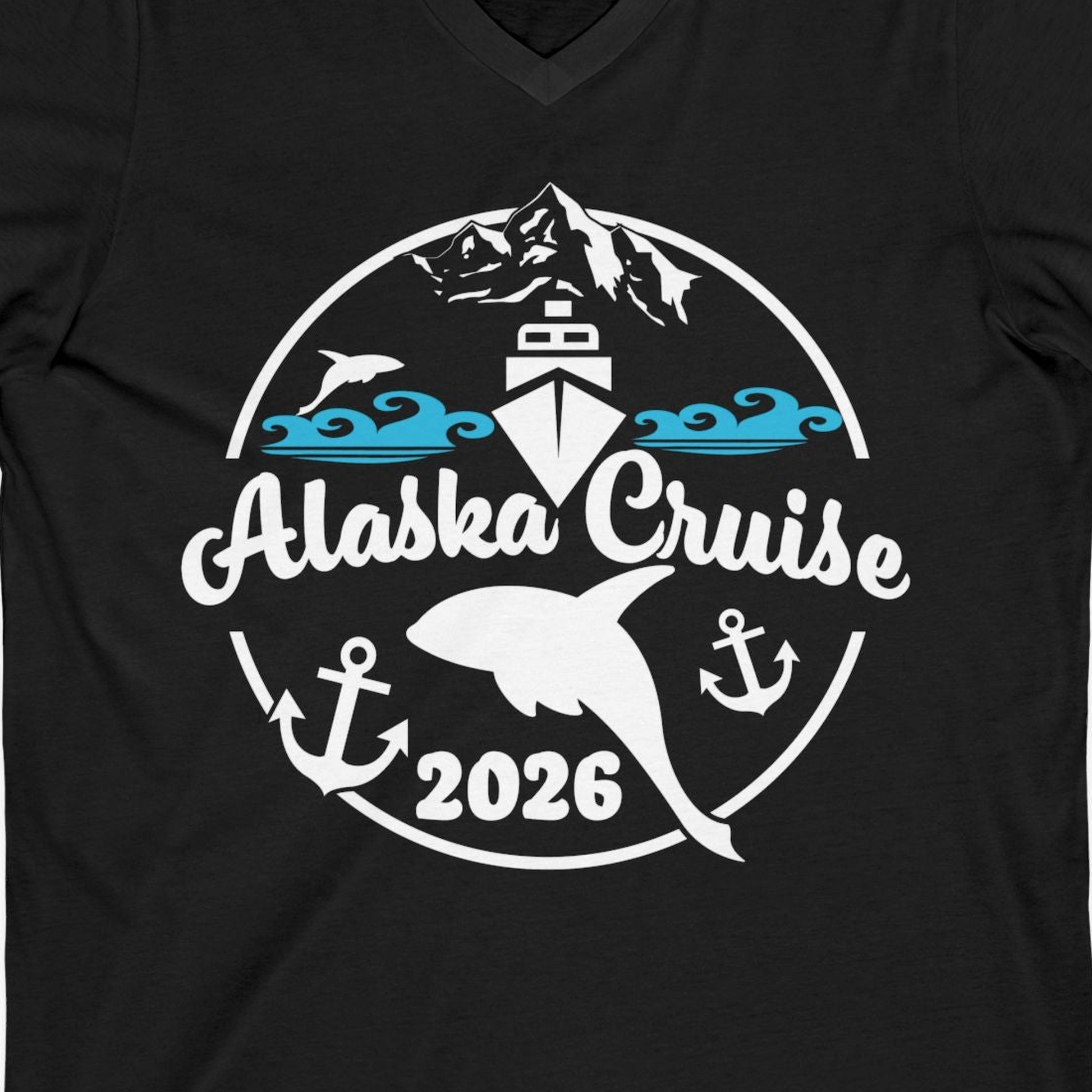 Alaska Cruise 2026 Shirt V-Neck Shirt – Black – Alaska Cruise Shirts Close Up