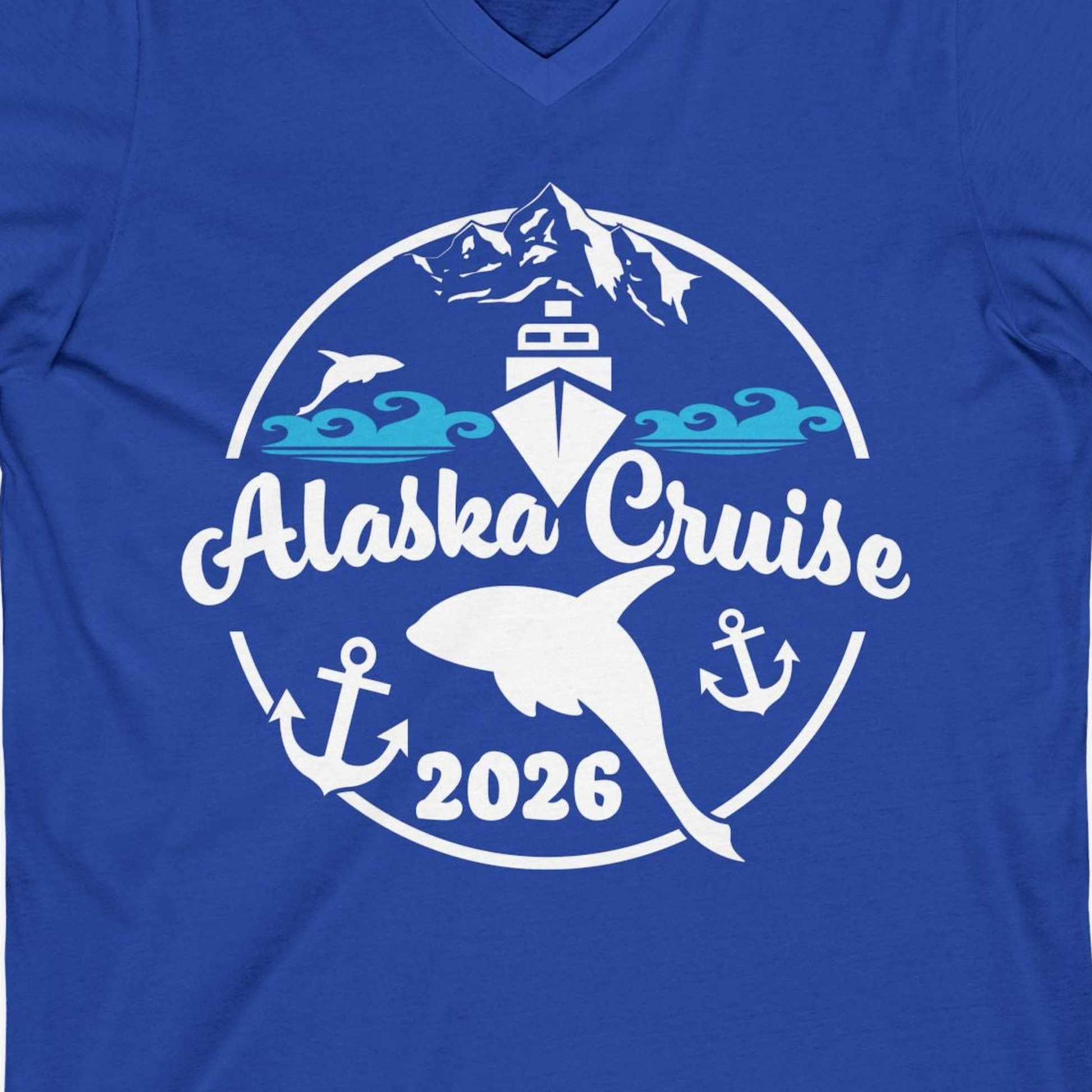 Alaska Cruise 2026 Shirt V-Neck Shirt – True Royal – Alaska Cruise Shirts Close Up
