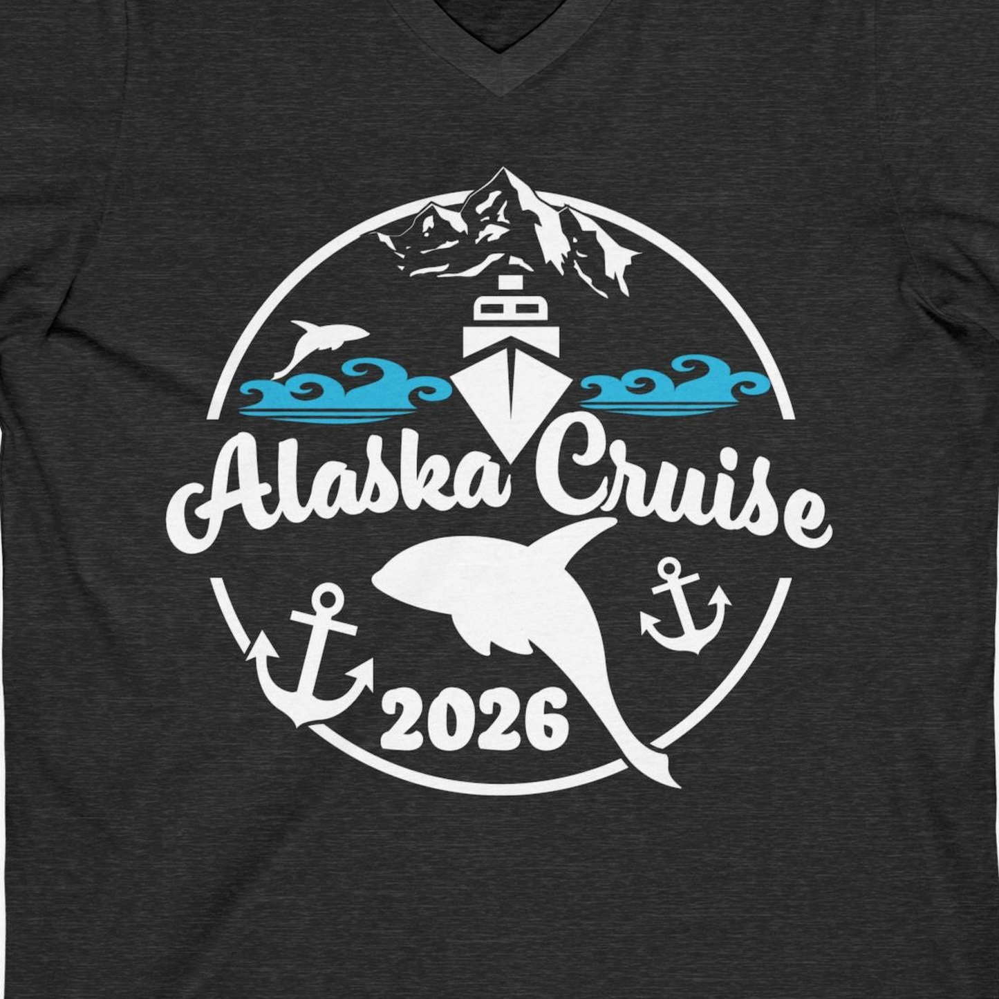 Alaska Cruise 2026 Shirt V-Neck Shirt – Dark Grey Heather – Alaska Cruise Shirts Close Up