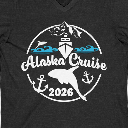 Alaska Cruise 2026 Shirt V-Neck Shirt – Dark Grey Heather – Alaska Cruise Shirts Close Up