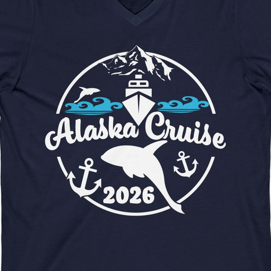 Alaska Cruise 2026 Shirt V-Neck Shirt – Navy – Alaska Cruise Shirts Close Up