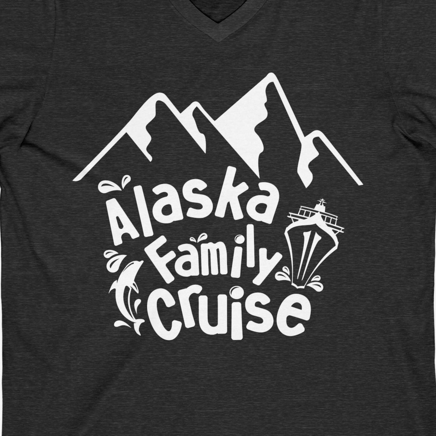Alaska Family Cruise Adventure Shirt V-Neck Shirt – Dark Grey Heather – Alaska Cruise Shirts Close Up