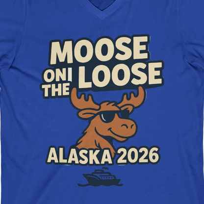 Moose on the Loose Alaska 2026 Cruise Cartoon Funny Shirt — V-Neck V-Neck Shirt – True Royal – Alaska Cruise Shirts Close Up