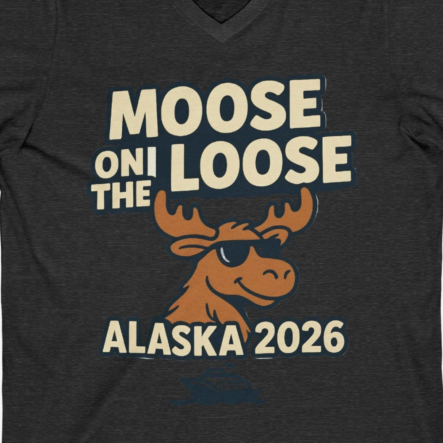 Moose on the Loose Alaska 2026 Cruise Cartoon Funny Shirt — V-Neck V-Neck Shirt – Dark Grey Heather – Alaska Cruise Shirts Close Up