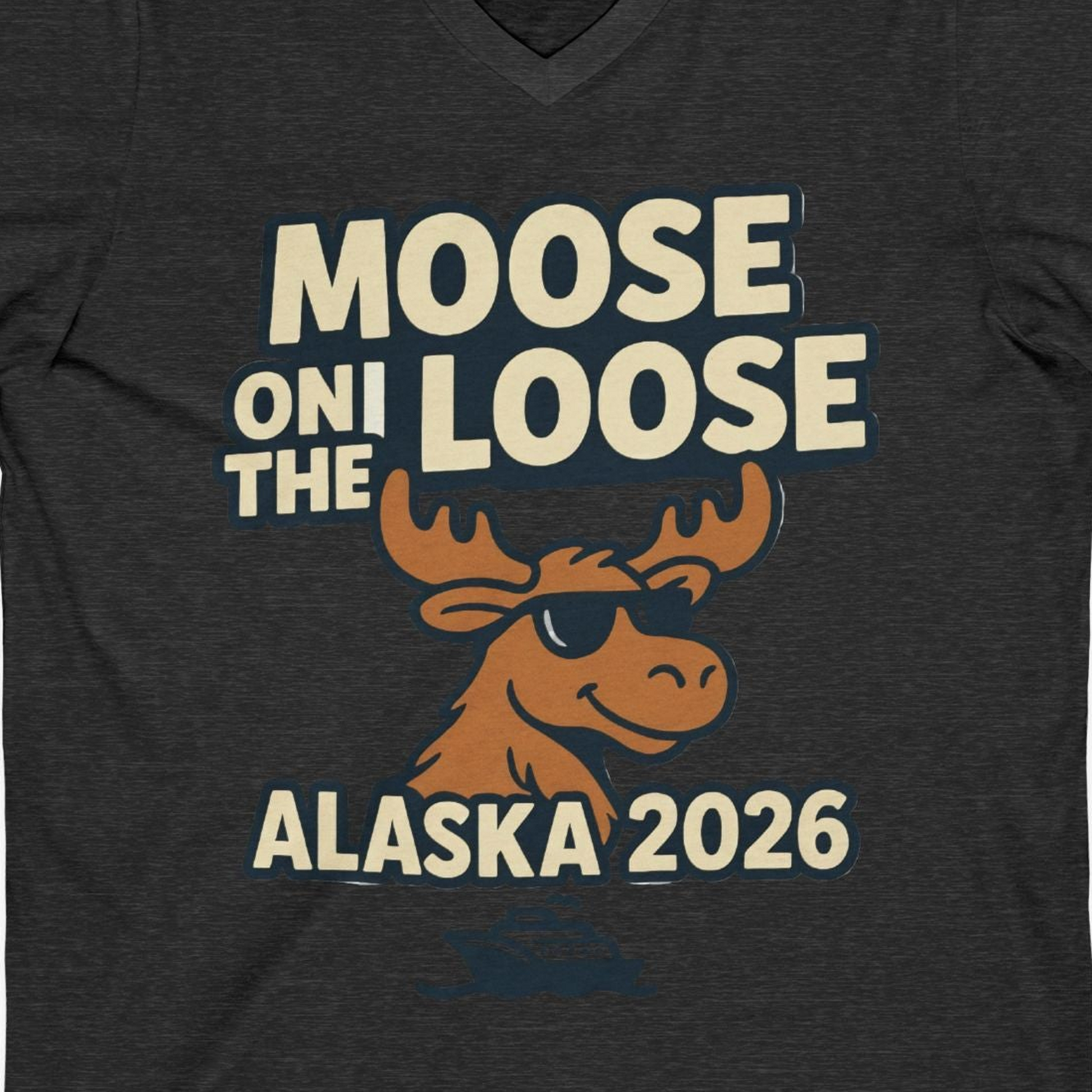 Moose on the Loose Alaska 2026 Cruise Cartoon Funny Shirt — V-Neck V-Neck Shirt – Dark Grey Heather – Alaska Cruise Shirts Close Up