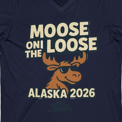 Moose on the Loose Alaska 2026 Cruise Cartoon Funny Shirt — V-Neck V-Neck Shirt – Navy – Alaska Cruise Shirts Close Up