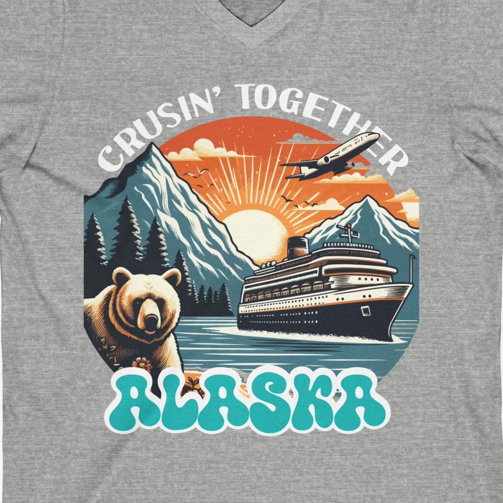 Alaska Cruise Shirt V-Neck Shirt – Athletic Heather – Alaska Cruise Shirts Close Up