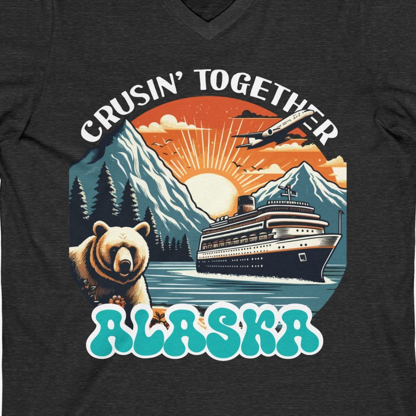 Alaska Cruise Shirt V-Neck Shirt – Dark Grey Heather – Alaska Cruise Shirts Close Up