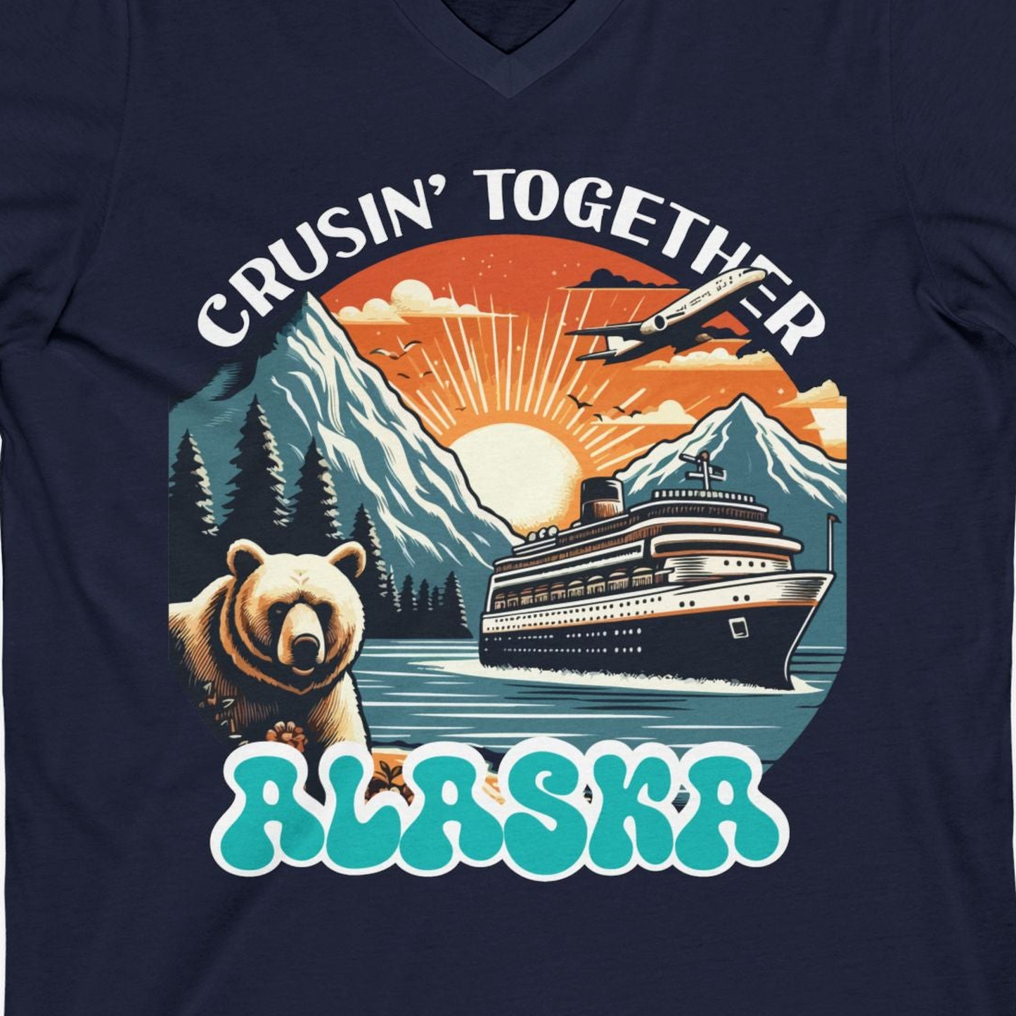 Alaska Cruise Shirt V-Neck Shirt – Navy – Alaska Cruise Shirts Close Up