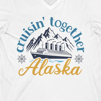 Alaska Cruise Adventure Shirt V-Neck Shirt – White – Alaska Cruise Shirts Close Up