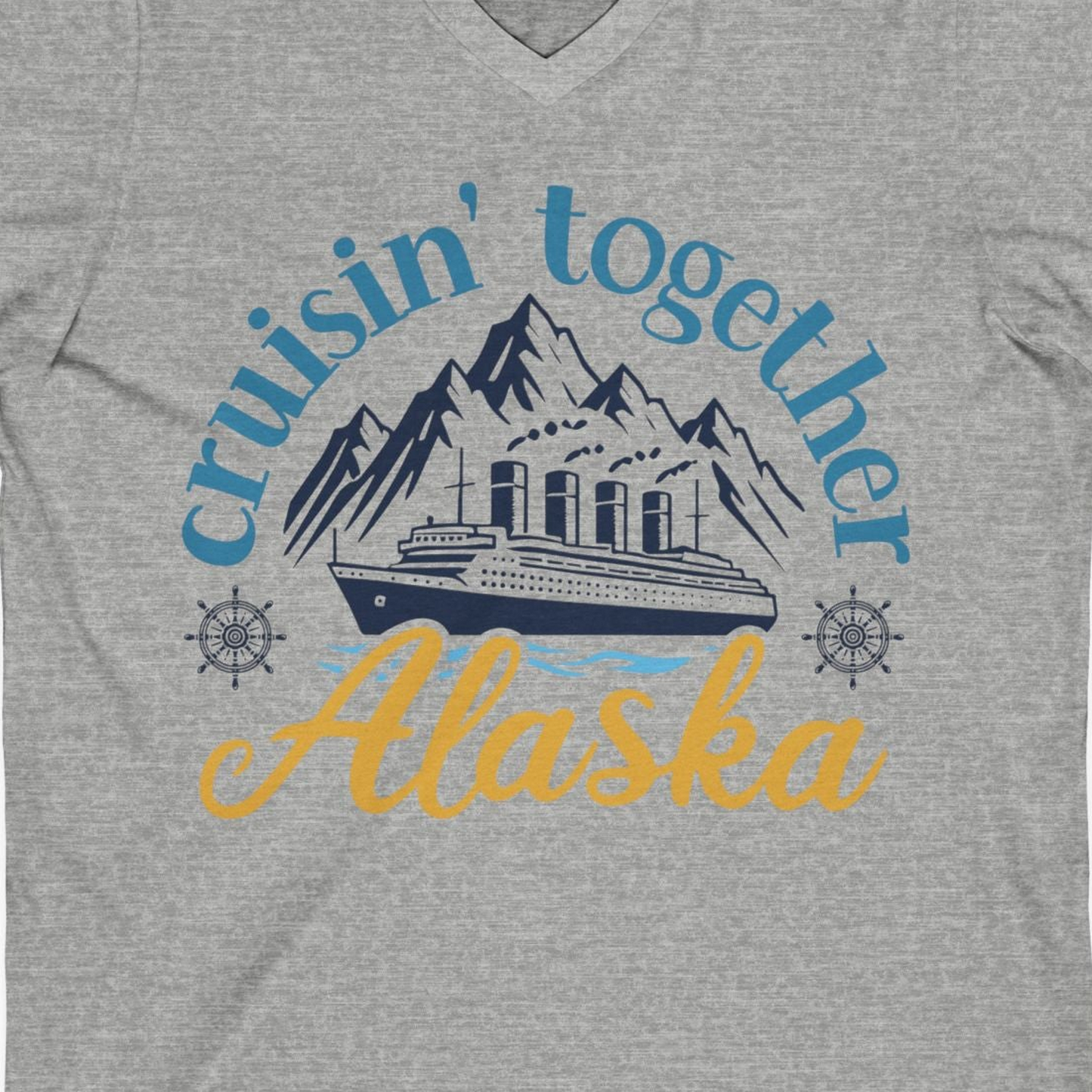 Alaska Cruise Adventure Shirt V-Neck Shirt – Athletic Heather – Alaska Cruise Shirts Close Up