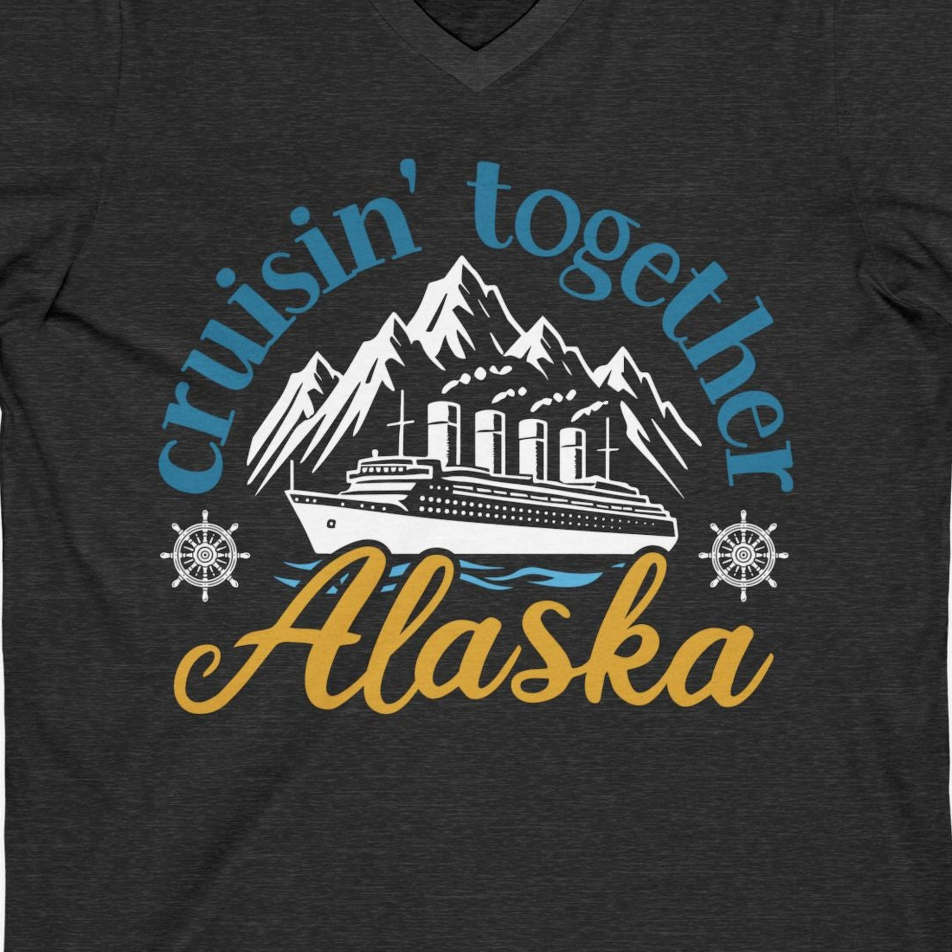 Alaska Cruise Adventure Shirt V-Neck Shirt – Dark Grey Heather – Alaska Cruise Shirts Close Up