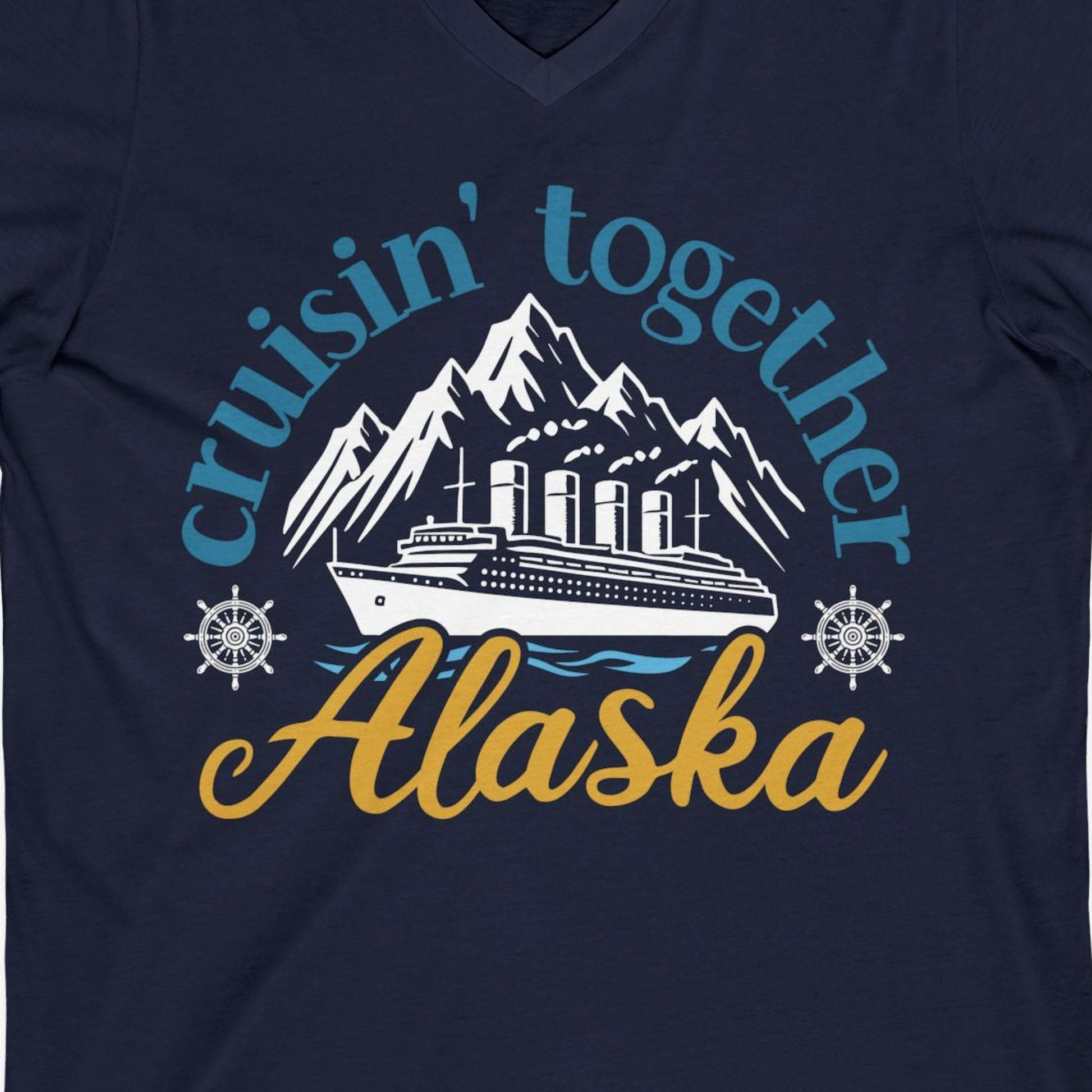 Alaska Cruise Adventure Shirt V-Neck Shirt – Navy – Alaska Cruise Shirts Close Up