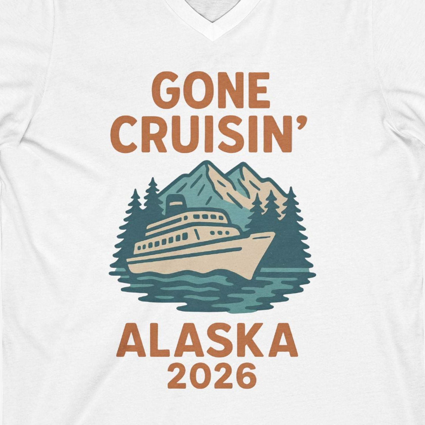 Gone Cruisin Alaska 2026 Retro Cruise Ship Nature Scenery Shirt — V-Neck V-Neck Shirt – White – Alaska Cruise Shirts Close Up