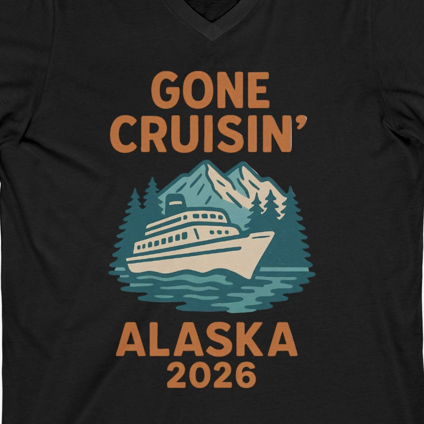 Gone Cruisin Alaska 2026 Retro Cruise Ship Nature Scenery Shirt — V-Neck V-Neck Shirt – Black – Alaska Cruise Shirts Close Up