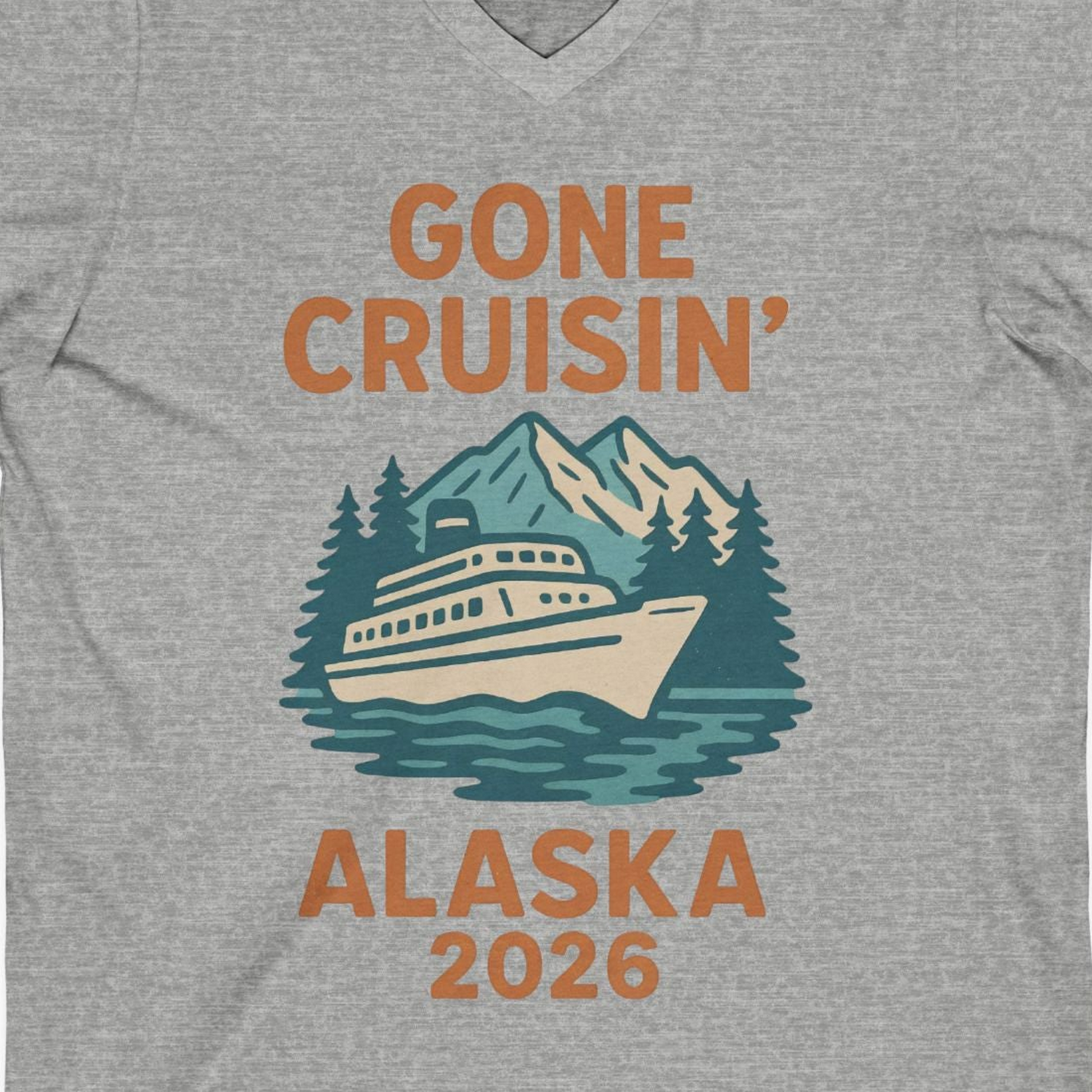 Gone Cruisin Alaska 2026 Retro Cruise Ship Nature Scenery Shirt — V-Neck V-Neck Shirt – Athletic Heather – Alaska Cruise Shirts Close Up