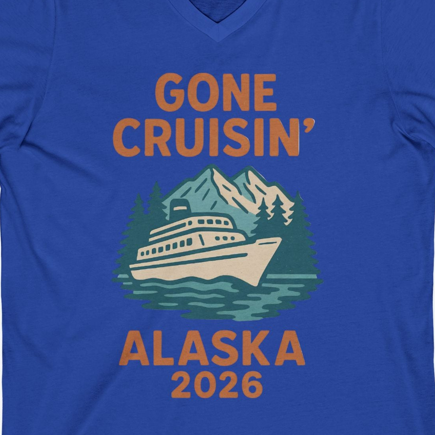 Gone Cruisin Alaska 2026 Retro Cruise Ship Nature Scenery Shirt — V-Neck V-Neck Shirt – True Royal – Alaska Cruise Shirts Close Up