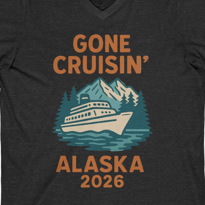 Gone Cruisin Alaska 2026 Retro Cruise Ship Nature Scenery Shirt — V-Neck V-Neck Shirt – Dark Grey Heather – Alaska Cruise Shirts Close Up