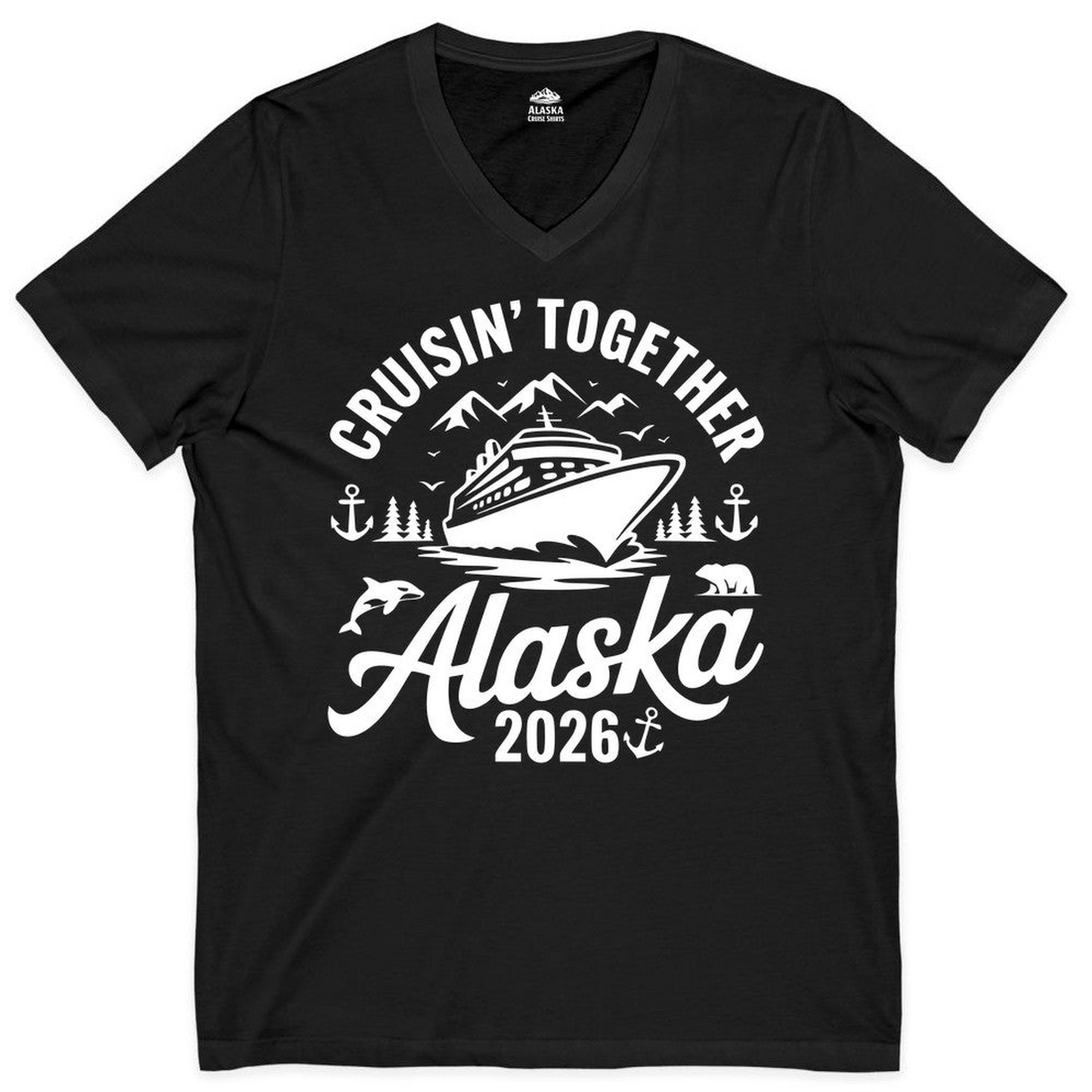 Alaska Cruise Adventure Shirt V-Neck Shirt – Black – Alaska Cruise Shirts Close Up