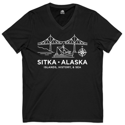 Sitka Alaska Nautical Line Art Shirt V-Neck Shirt – Black – Alaska Cruise Shirts Close Up