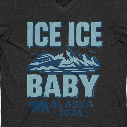 Ice Ice Baby Alaska Cruise Shirt V-Neck Shirt – Dark Grey Heather – Alaska Cruise Shirts Close Up