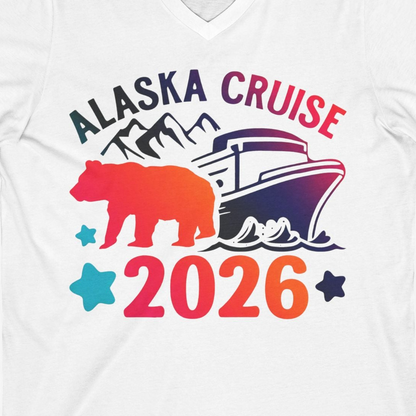 Alaska Cruise 2026 Shirt V-Neck Shirt – White – Alaska Cruise Shirts Close Up